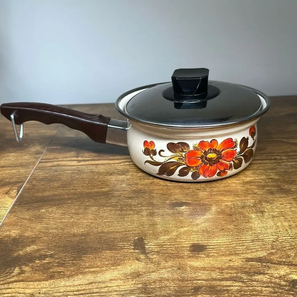 Retro Vintage 1970s Moneta‎ #14 Enamelware Pot Sauce Pan Made In Italy Floral
